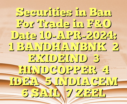 Securities in Ban For Trade in F&O   Date 10-APR-2024:  
1 BANDHANBNK 
2 EXIDEIND 
3 HINDCOPPER 
4 IDEA 
5 INDIACEM 
6 SAIL 
7 ZEEL